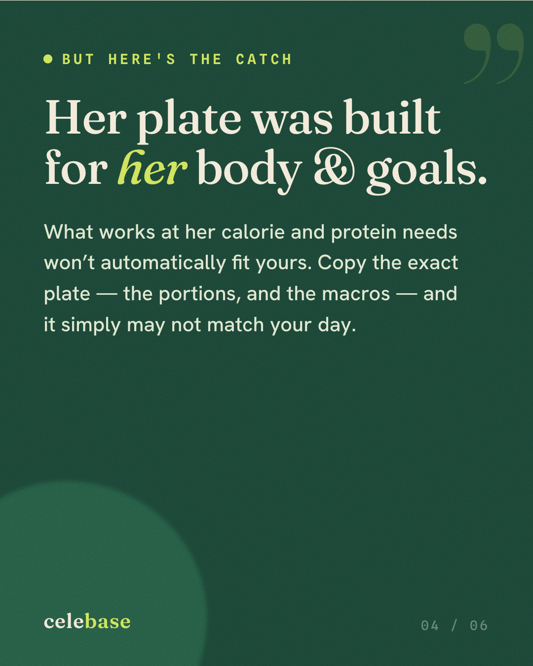 Card news slide — “Her plate was built for her body & goals.”
