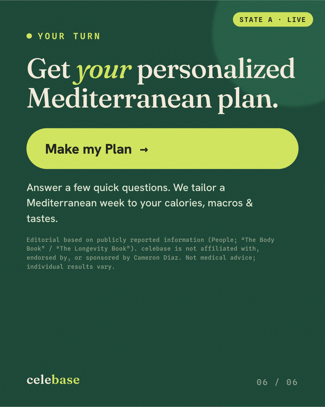 Card news closing slide — “Get your personalized Mediterranean plan,” with a Make my Plan button.